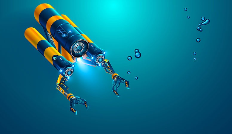 vector of remote operated underwater vehicle finding gold in the ocean