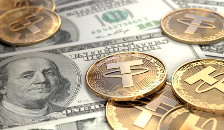 tether coins with dollar bills at the bottom