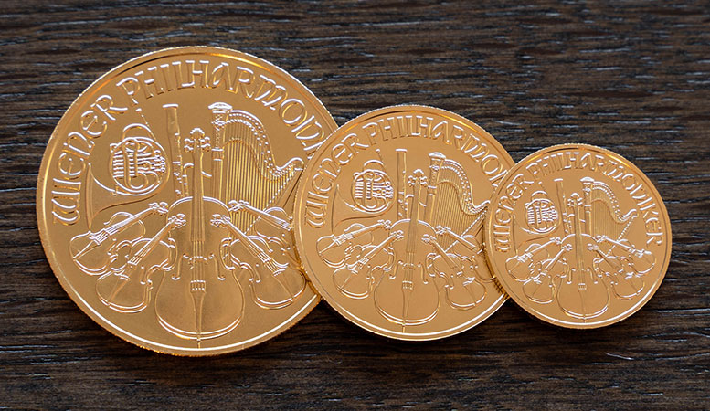 austrian philharmonic gold coins in different sizes