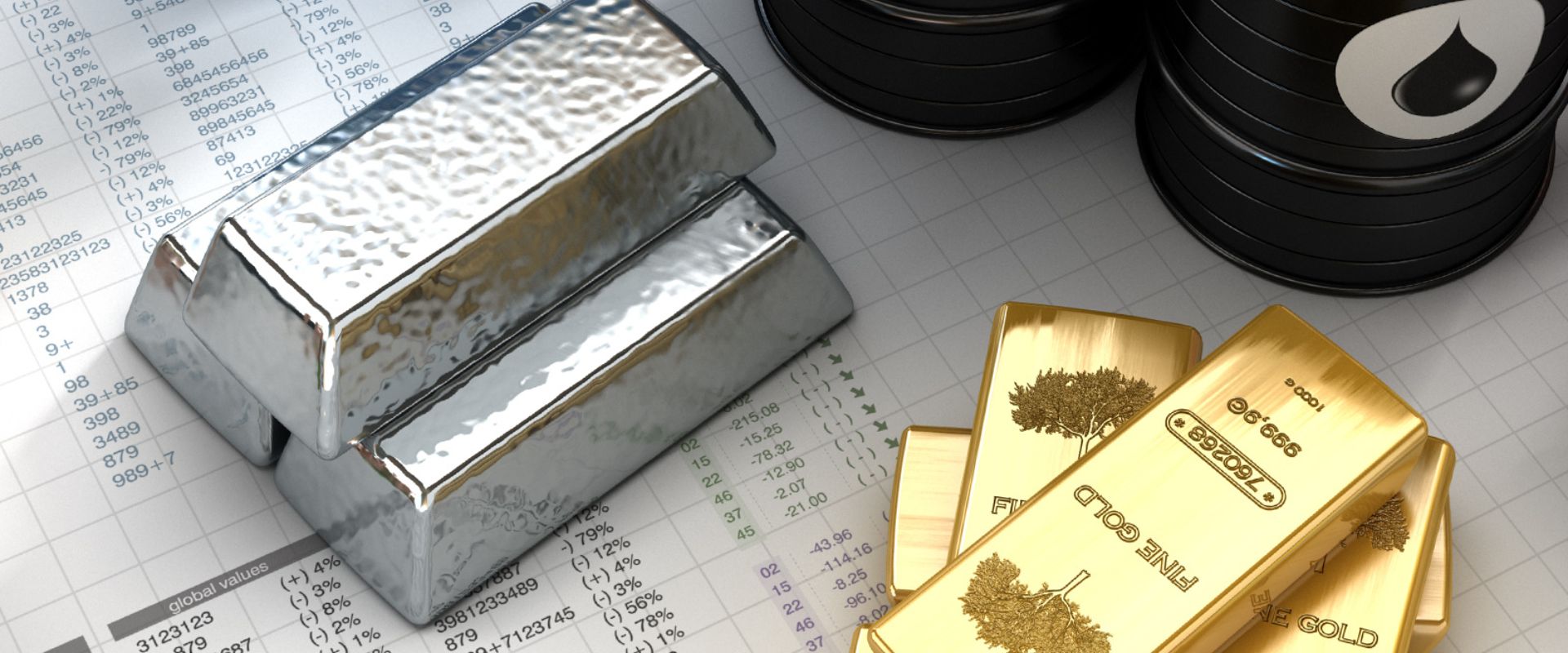 gold and silver bars and oil barrels