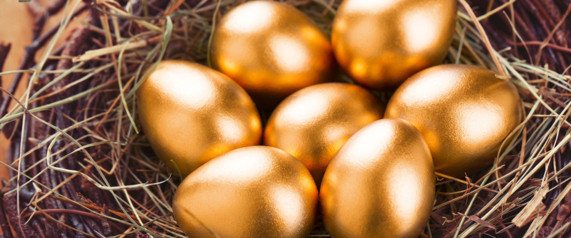 seven golden eggs sitting on nest