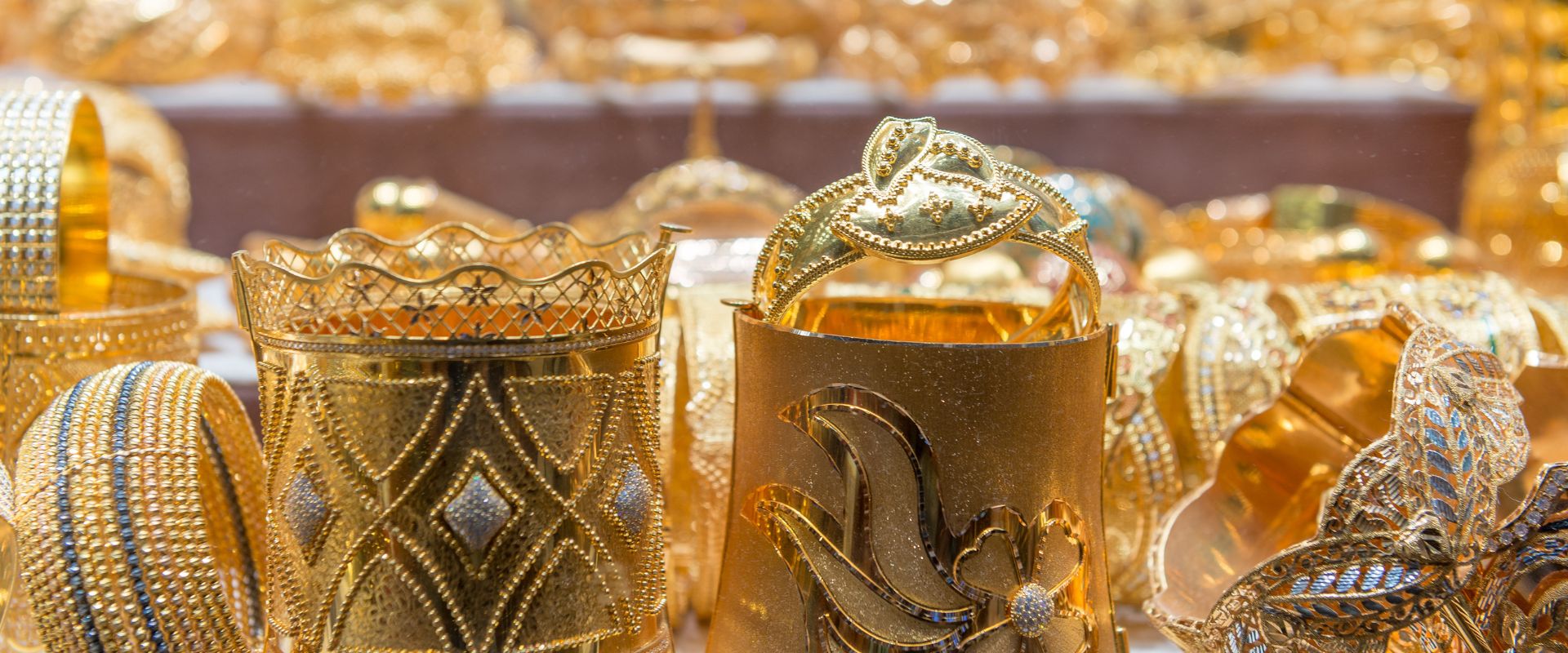 golden accessories in gold souk at Dubai Mall