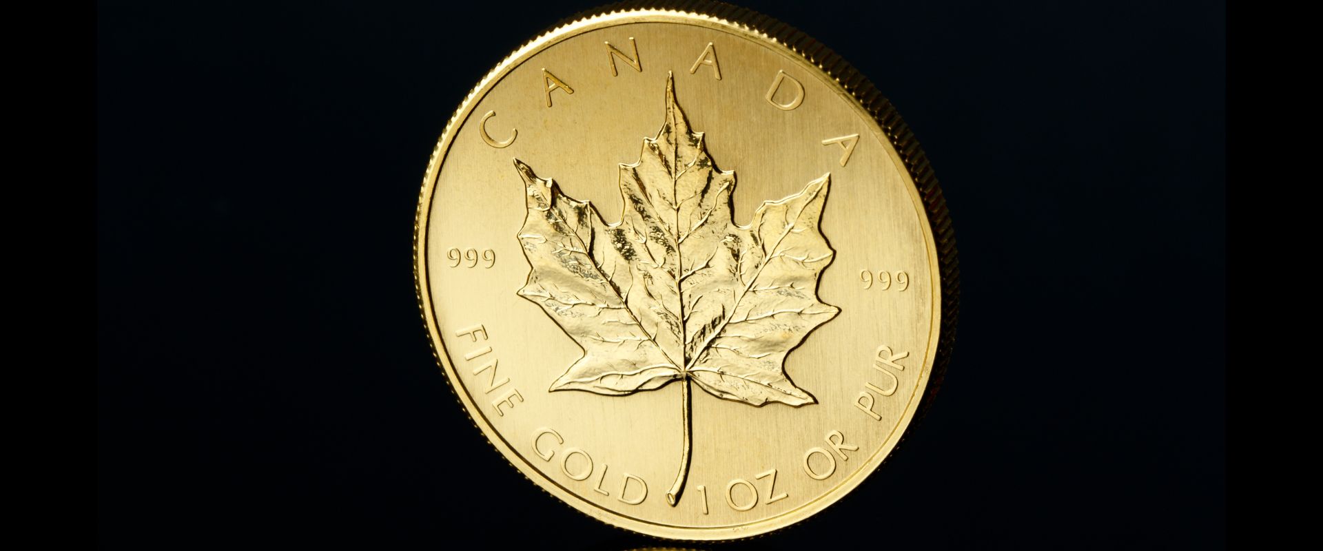 one ounce Canadian maple leaf gold coin on black background
