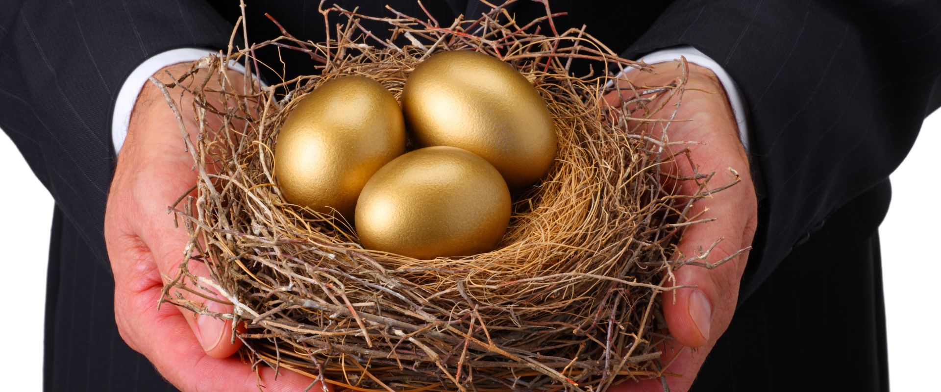 businessman holding nest with golden eggs